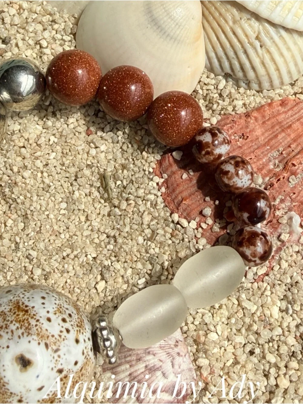 GOLDSTONE Brown, Cream & Silver Mixed-Bead Bracelet